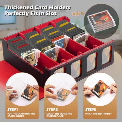 Ultra-Capacity 4-Row Trading MTG Card Storage Box with Display, Holds 3000+ Cards with Dividers & Card Holders, PU Leather Commander Deck Box for MTG, YuGiOh, TCG Deck Box, Sport Cards (Black / Red) - color: Black / Red