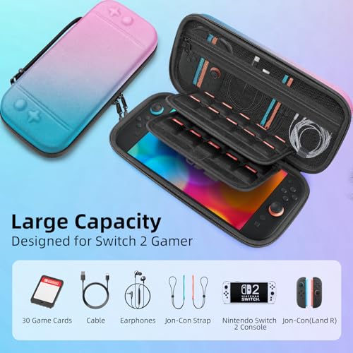 BRHE Switch 2 Carry Case Compatible with Nintendo Switch 2 Console | Large Capacity Switch 2 Travel Case, Travel Bag for Switch 2 Console & Accessories, 30 Game Card Slots (Pink Blue Gradient) - color: Pink Blue Gradient