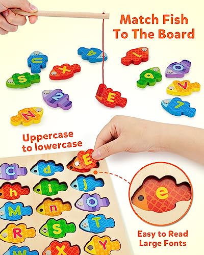 Coogam Magnetic Alphabet Numbers Fishing Game, Wooden ABC Letter Numbers Color Matching Puzzle Fine Motor Montessori Educational Toy for Preschool 3 4 5 Year Old Toddlers