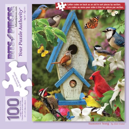Bits and Pieces Jigsaw Puzzles for Adults 100 Pieces - Summer Song Birds | 15" x 19" Jigsaw Puzzle 100 Pieces - Birdhouse Summer Birds Puzzle - Extra Large Piece Puzzles for Seniors - Letters on Backs - size: 100 Piece Puzzle