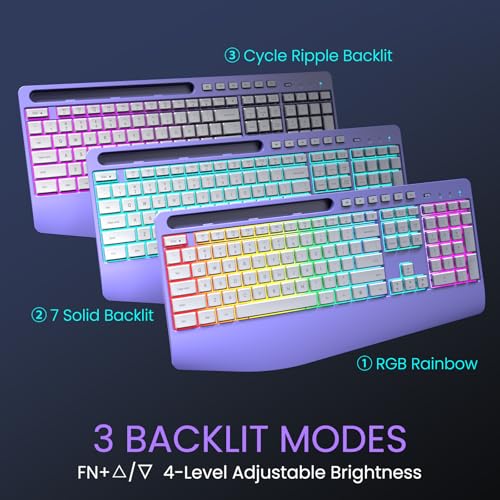 Wireless Keyboard and Mouse Combo- VEILZOR 2.4G Rechargeable Keyboard with Phone Holder, Ergonomic Wrist Rest, 9 RGB Backlit Effects, Silent Keyboard Mouse Set for Windows, Laptop, PC - color: Purple
