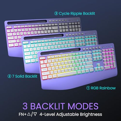 Wireless Keyboard and Mouse Combo- VEILZOR 2.4G Rechargeable Keyboard with Phone Holder, Ergonomic Wrist Rest, 9 RGB Backlit Effects, Silent Keyboard Mouse Set for Windows, Laptop, PC - color: Purple