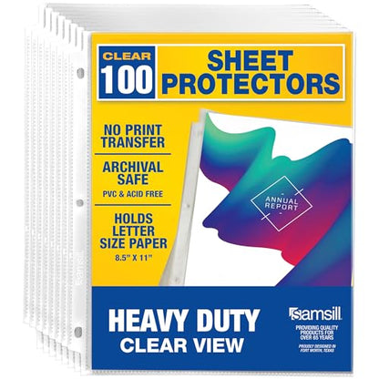 Samsill 100 Pack Heavy Duty Sheet Protectors, Crystal Clear, 8.5x11 Inch Page Protectors for 3 Ring Binder, Letter Size Protectors with Reinforced Holes, Clear Document Sleeve, Top Loading, Acid Free - size: 100 Pack, style: Crystal Clear