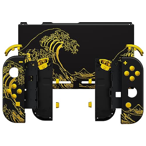 eXtremeRate DIY Replacement Shell Buttons for Nintendo Switch, Back Plate for Switch Console, Housing with Full Set Buttons for Joycon Handheld Controller - The Great Golden Wave Off Kanagawa - Black - color: The Great Wave Off Kanagawa - Black