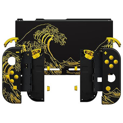 eXtremeRate DIY Replacement Shell Buttons for Nintendo Switch, Back Plate for Switch Console, Housing with Full Set Buttons for Joycon Handheld Controller - The Great Golden Wave Off Kanagawa - Black - color: The Great Wave Off Kanagawa - Black