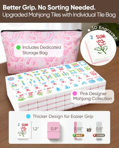 BALE ® Original American Mahjong Tile Set with Complete Game Accessories | 166 Pink Engraved 1.2" Mah Jongg Tiles, 4 Acrylic Racks Pushers,3Pcs Printed Majong Carrying Bags, Travel Family Friend Club - color: Printed Pink