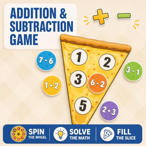 Addition & Subtraction Math Board Game Kindergarten Math Games for Kids 5-7 | Kindergarten & 1st Grade, STEM Board Game for 5+ Year old, Homeschool & Classroom Learning, Educational & Fun Pizza Game - size: Addition & Subtraction