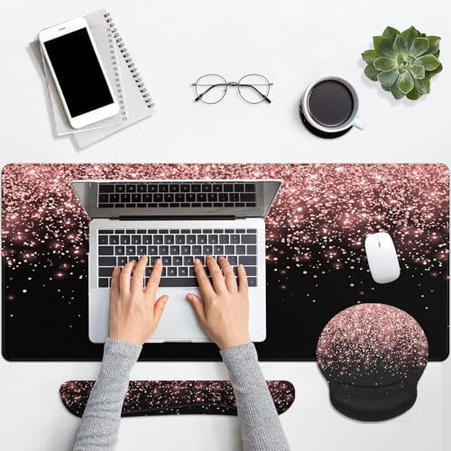 Britimes Rose Gold Pink Keyboard Mouse Pad Set Black Golden 4in1 Large Mousepad+Keyboard Wrist Rest+Mouse Wrist Rest+Coaster Ergonomic Design for Home Office Computer 35.4x15.7 inches - color: Rose Gold Pink