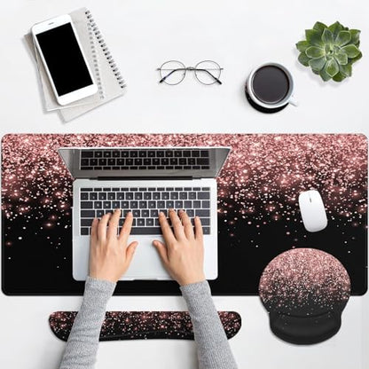 Britimes Rose Gold Pink Keyboard Mouse Pad Set Black Golden 4in1 Large Mousepad+Keyboard Wrist Rest+Mouse Wrist Rest+Coaster Ergonomic Design for Home Office Computer 35.4x15.7 inches - color: Rose Gold Pink