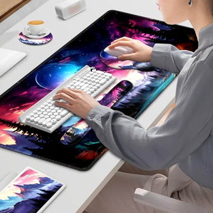 Gaming Mouse Pad, Large Desk Mat, Cute Desk Pad Protector, 4in1 XXL Mousepad + Keyboard Wrist Rest+Mouse Wrist Rest+Coaster Set with Ergonomic Desk Pad for Home Office Table Computer, Purple Hill - color: Purple Hill