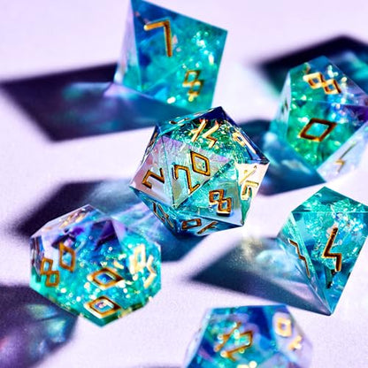 Iridescent DND Dice Set with Glowing LED Display Box – Sharp Edge Polyhedral Dice with Mesmerizing Finish | Bonus Stickers Included | Dungeons and Dragons (TTRPG) Dice Set - color: (Non-liquid Core) Iridescent - Frostwake