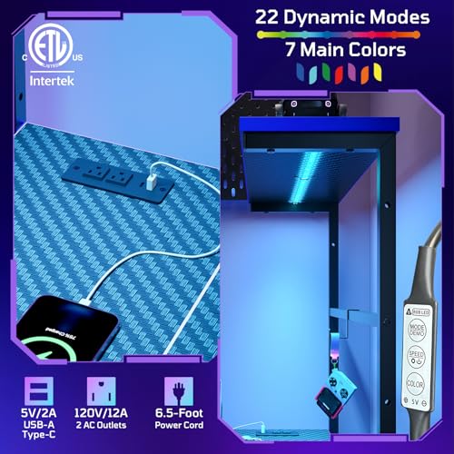 52" L-Shaped Gaming Desk with Power Outlets LED Lights, Black&Blue | Reversible Design, LED Lights, 4-Tier Storage Shelves, Headphone Hook, Foldable Cup Holder, Computer Desk, Home Office - color: Black&blue, size: 52 Inch