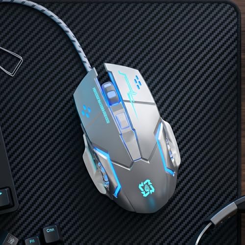 Gaming Mouse, 1600 DPI Wired Optical Mouse with 6 Programmable Buttons & Backlit Modes, Software Supports DIY Keybinds Rapid Fire Button Silver - color: Silver