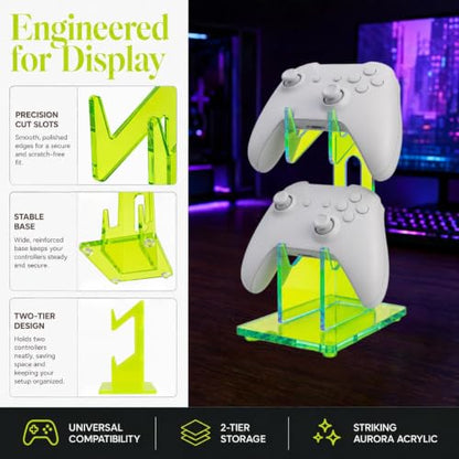 Aurora Green 2 Pack 2-Tier Controller Holder Display Stand for PS5, Xbox | Controller holder & display stand for gaming desk or battlestation; set of 2 holds 4 pads, charge in place, aurora acrylic