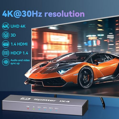 HDMI Splitter 1 in 4 Out, 4K@30Hz HDMI Splitter 1x4 Support 3D 1080P Full HD Compatible with PS5/4/3 Xbox Nintendo Roku HDTV Fire Stick Blu-ray - Silver (Only Mirrors Screens) - color: 1x4 4K@30Hz