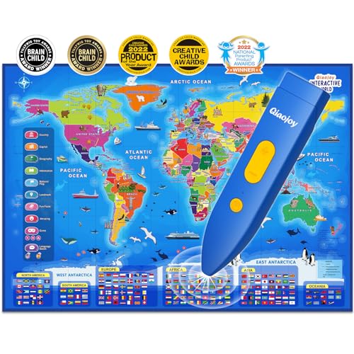Qiaojoy Bilingual Interactive World Map for Kids Learning and Educational Toys, Talking Electronic Kids World Map i-Poster Geography Games Ages 3 to 12 Years Old, Custom Talking Birthday Gifts Card - style: World Map