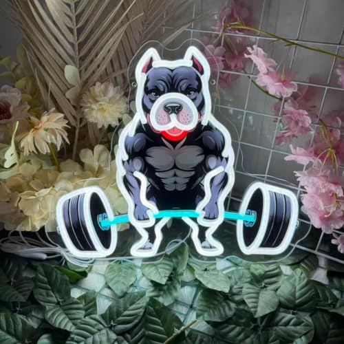 Muscle Weightlifting Bulldog Neon Sign, Fitness Pitbull LED Neon Light, UV Printed Animal LED Sign, Dimmable USB Powered Gym Wall Decor, Gift Choice for Gym Lovers & Workout Enthusiasts - color: jiao-white