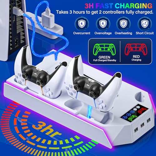 PS5 / PS5 Slim Cooling Station with Controller Charging Station - LED Light Cooling Stand for Playstation 5 Slim Disc/Digital Console, Accessories Incl RGB Light/Cooler Fan/3 USB Hubs/Headset Holder