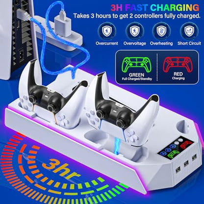 PS5 / PS5 Slim Cooling Station with Controller Charging Station - LED Light Cooling Stand for Playstation 5 Slim Disc/Digital Console, Accessories Incl RGB Light/Cooler Fan/3 USB Hubs/Headset Holder