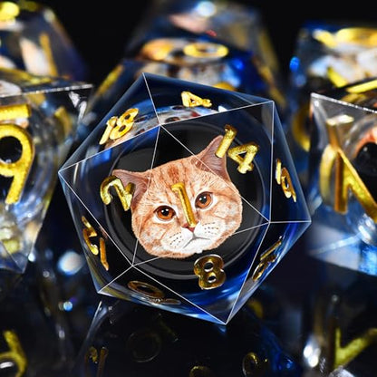 AUSTOR 7 Die DND Dice Set 7 Pieces Cat Resin Dice Role Playing D and D Dice D20 D12 D10 D8 D6 D4 Sharp Edge Dungeons and Dragons Dice with Case - color: Cat - Blue
