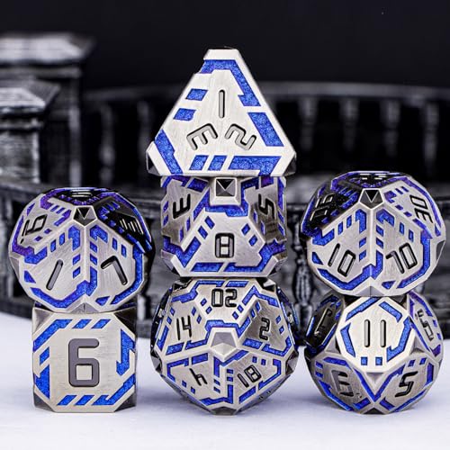 Metal DND Sci-fi Dice Set 7PCS Stripe Polyhedral Dice for Dungeons Dragons RPG Role Playing Game, Glitter D and D Dice with Gift Box D6 D8 D10 D12 D20 (Blue Purple&Grey) - color: Silver Gray - Blue
