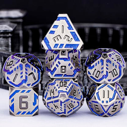 Metal DND Sci-fi Dice Set 7PCS Stripe Polyhedral Dice for Dungeons Dragons RPG Role Playing Game, Glitter D and D Dice with Gift Box D6 D8 D10 D12 D20 (Blue Purple&Grey) - color: Silver Gray - Blue