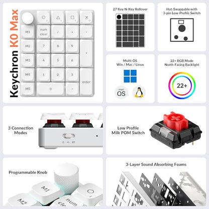 Keychron K0 Max QMK Wireless Custom Number Low-Profile RGB Backlit (Hot-Swappable) Red Switch Keypad, 2.4 GHz & Bluetooth 5.3 Connection, 1000Hz Polling Rate - White - color: Red Switch, size: White