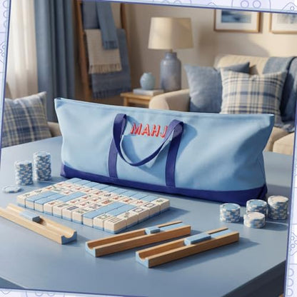 Mahjong Bag for Tiles and Racks Empty American Mahjong Tiles Carrying Tote 31.5 x 12 x 4 Inches Canvas Tile Games Accessories Gifts for Card Pushers Rack Mat Carrying, Case Only(Dark Blue) - color: Dark Blue