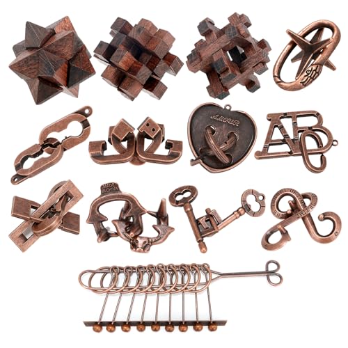 13 Pcs Brain Teaser Puzzles for Adults - Metal Puzzles 3D Puzzle Game Toys for Adults Teens - Wooden Unlock Interlocking Puzzle Adult IQ Education Smart Toys - color: Style B
