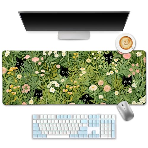 LIMKRIAN Anime Cat Mouse Pad, Green Desk Matt for Desktop, 31.5x11.8 in | Stitched Edges, Non-Slip, Large Mouse Pads for Desk Gaming Computer Laptop, Cute Green Office Desk Accessories for Women - color: Funny Cat