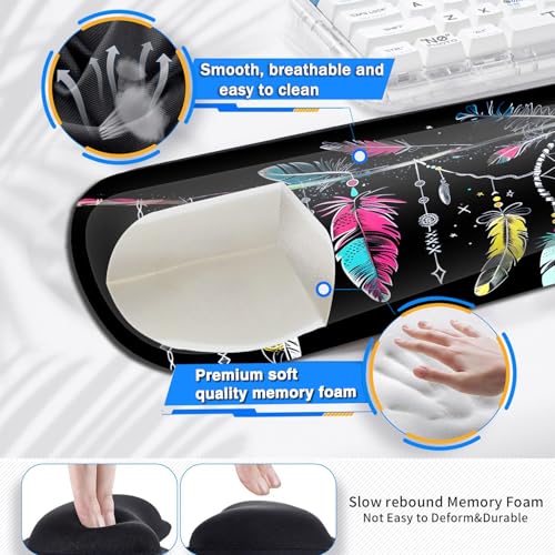 Large Gaming Mouse Pad+ Keyboard Wrist Rest Set, Ergonomics Memory Foam Mouse Mat Wrist Rest Support for Home Office, Waterproof Extended Mousepad 31.5x11.8in, Dream Catcher Black Desk Pad - color: Yvb-mousepad-9-f-167