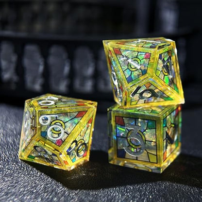 HAOMEJA Double Layered Resin Dice Set 7pcs/ Stained Glass Effect & Gold Numbers/Sharp Edged Polyhedral Dice/Apply to D&D/DND/Role Playing Game/RPG/Party Gift (Yellow Sky) - color: 1 Yellow Sky