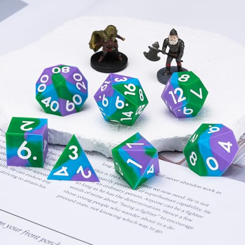 DND Sharp Edges Dice, D&D Silicone Rubber Polyhedral Dice Set 7pcs (D4, D6, D8, D10, D12, D20, D%) for Dungeons and Dragons, RPG, MTG for Ages 15 and Up - color: Purple Blue Green