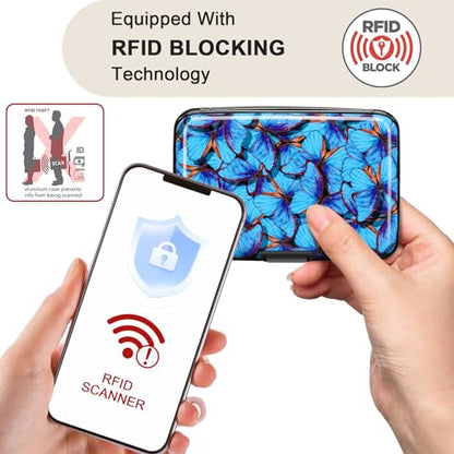 RFID Blocking Credit Card Protector Aluminum ID Case Hard Shell Business Card Holders Metal Wallet for Men or Women (Blue Butterfly) - color: Blue Butterfly