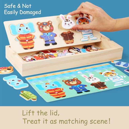 Wooden Bear Family Dress-up Puzzle Box for Toddlers(60pcs),Change Clothes Puzzle Games, Preschool Learning Activities Toys for Kids Ages 3+ - color: Mixed