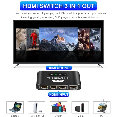 HDMI Switch 3 in 1 Out, 4K@60Hz HDMI Selector with Remote Control, 3 Ports HDMI Switcher, Perfect for Full HD 4K 1080P 3D Video Roku Fire TV Blu-ray Players Stick Apple PS4/PS5 Xbox Chromecast (black) - color: Black
