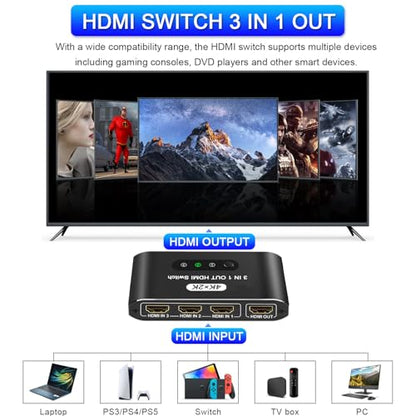 HDMI Switch 3 in 1 Out, 4K@60Hz HDMI Selector with Remote Control, 3 Ports HDMI Switcher, Perfect for Full HD 4K 1080P 3D Video Roku Fire TV Blu-ray Players Stick Apple PS4/PS5 Xbox Chromecast (black) - color: Black