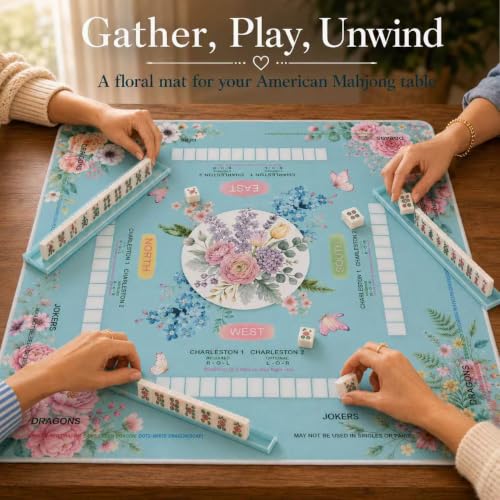 Blue Mahjong Mat for Table with Rules, 31.5" x 31.5", Anti-Slip | Neoprene Rubber Game Mat with Carrying Bag; Chinoiserie Mah Jong Table Cover for Board, Poker, Card Games and Gifts for Women - color: Blue