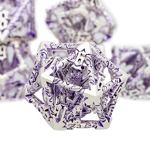 ARUOHHA Hollow DND Dice Set Silver Purple 5-Headed Dragons D and D Dice with Gift Box, Role Playing Games RPG 7PCS Dungeons Metal Polyhedral Dice D20 D12 D10 D8 D6 D4 - color: Silver Purple-02