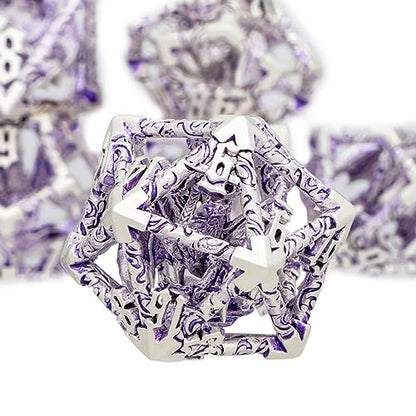ARUOHHA Hollow DND Dice Set Silver Purple 5-Headed Dragons D and D Dice with Gift Box, Role Playing Games RPG 7PCS Dungeons Metal Polyhedral Dice D20 D12 D10 D8 D6 D4 - color: Silver Purple-02