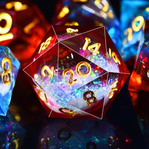 AUSTOR Liquid Core Resin DND Dice Sharp Edge Polyhedral Dice 7-Die DND Dice Set Quicksand Handmade Resin Dice for Dungeons and Dragons RPG MTG Table Games, Flame Red & Ice Blue - color: Flame Red & Ice Blue