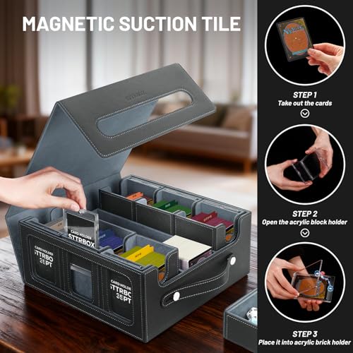 Commander Deck Box with Handle, Trading Card Storage Box for MTG&TCG.7 in 1 MTG Deck Box with 6 Toploaders, 6 Stoppers, 10 Colorful Dividers.(Black & Grey, 7 IN 1) - color: Black & Grey