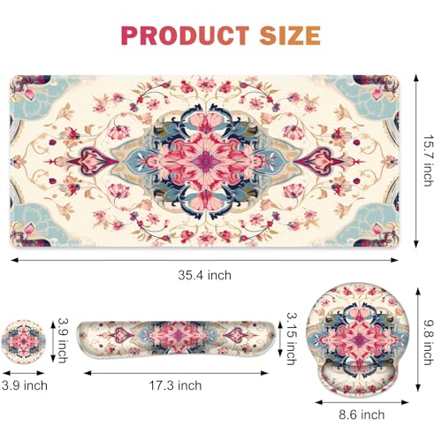 Gaming Mouse Pad, Large Desk Mat Cute Desk Pad Protector, 4in1 XXL Mousepad | + Keyboard Wrist Rest+Mouse Wrist Rest+Coaster Set with Ergonomic Desk Pad for Home Office Computer, Retro Style Pattern - color: Retro Style Pattern