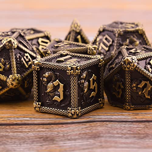 AUSTOR 7-Die Metal DND Dice Set Dungeons and Dragons Polyhedral Roll Playing Dice with Box D20 D12 D10 D% D8 D6 D4 for Pathfinder MTG RPG Board Games - color: Antique Bronze
