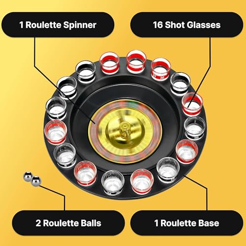 Shot Glass Roulette Drinking Game – 16-Piece Red/Black Set with 2 Metal Balls, Fun Adult Party Game for White Elephant, Game Nights, and Gifts - size: 16PCS Set