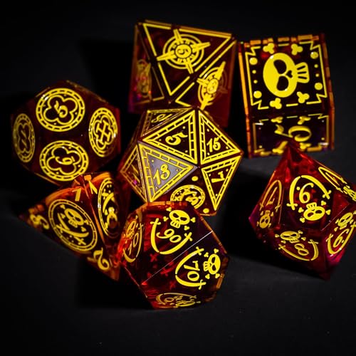 Cusdie 7-Piece Sharp Edges DND Dice Set with Pirate Design - Perfect for Tabletop RPGs Board Games Gifting and Collecting(Red w/Yellow Pirate Pattern) - color: Red W/Yellow Pirate Pattern
