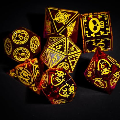 Cusdie 7-Piece Sharp Edges DND Dice Set with Pirate Design - Perfect for Tabletop RPGs Board Games Gifting and Collecting(Red w/Yellow Pirate Pattern) - color: Red W/Yellow Pirate Pattern