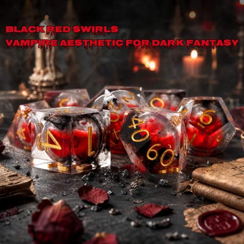 Haxtec Sharp Edge DND Dice Set, Liquid Core Resin Polyhedral RPG Dice | Black Swirls D&D Dice, Compatible with Dungeons and Dragons, Red Blood Liquid, Handmade 7-Die with Metal Case, MTG Gifts - color: Blood & Black