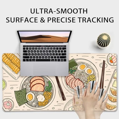 Japanese Ramen Large Gaming Mouse Pad Desk Mat XXL 31.5"x15.7" | Extended Mousepad, Non-Slip Rubber Base , Stitched Edges, for Computer/Laptop/Office/Home - color: Illustrated Food Pattern