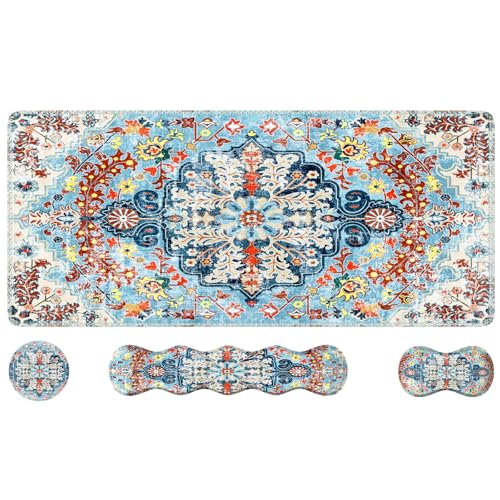 iLeadon Mouse Pad Set, 4in1 Large Gaming Desk Mat with Wrist Rest | Desk Mat with Wrist Rest, Keyboard Wrist Rest and Coaster, Mouse Pad Set for Home Office ,Retro Boho Floral Blue - color: Retro Boho Floral Blue